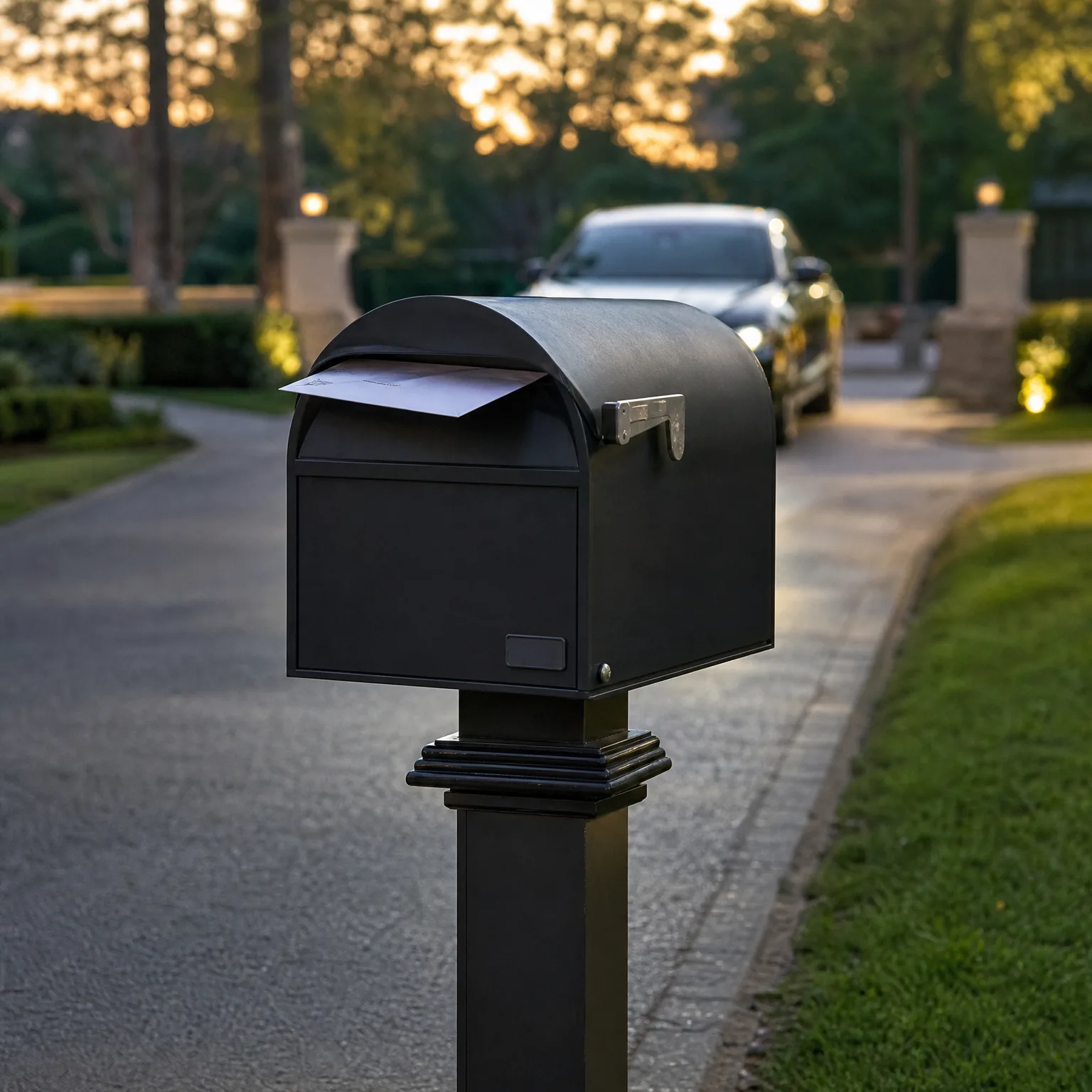 A black post-mounted mailbox with an envelope protruding from its closed lid, standing beside a paved driveway with a blurred car, hedges and trees in the background at dusk.