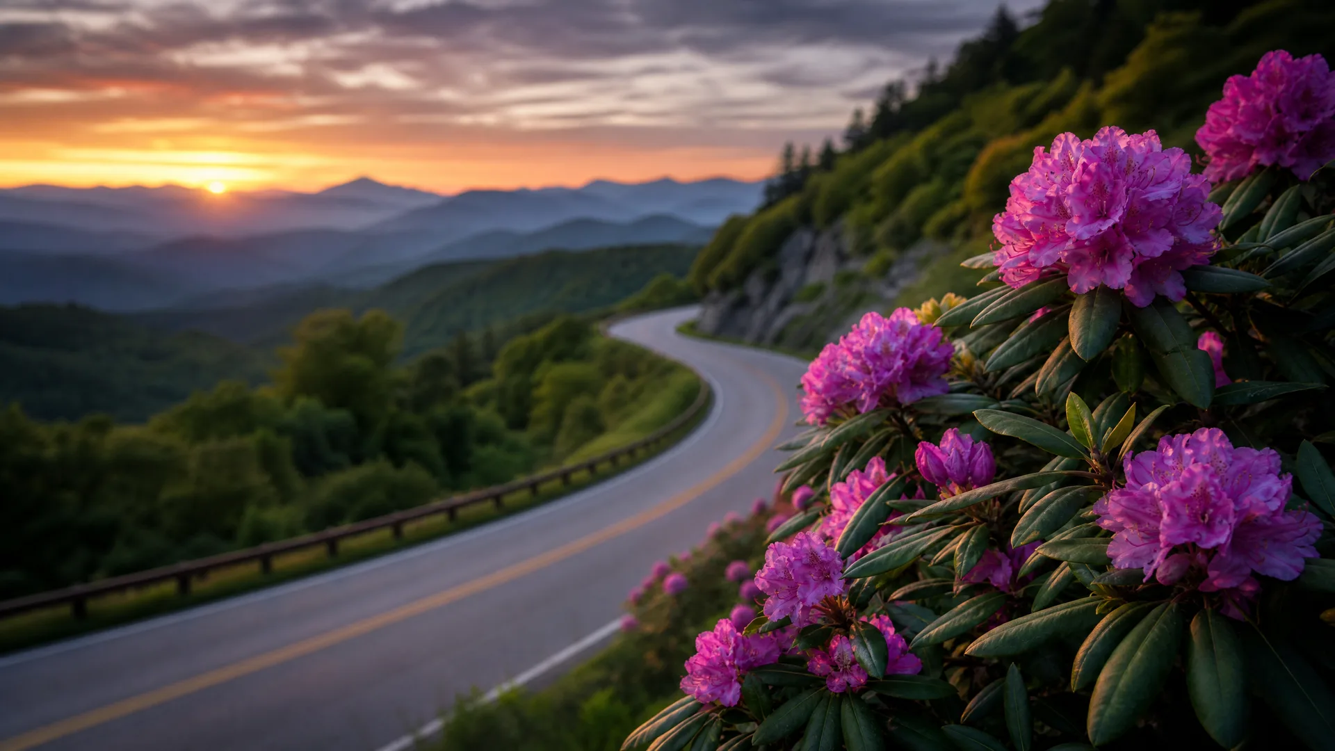 A curving two-lane road with a guardrail runs along a forested ridge at sunset, with layered mountains in the distance and pink rhododendron blossoms in the right foreground.