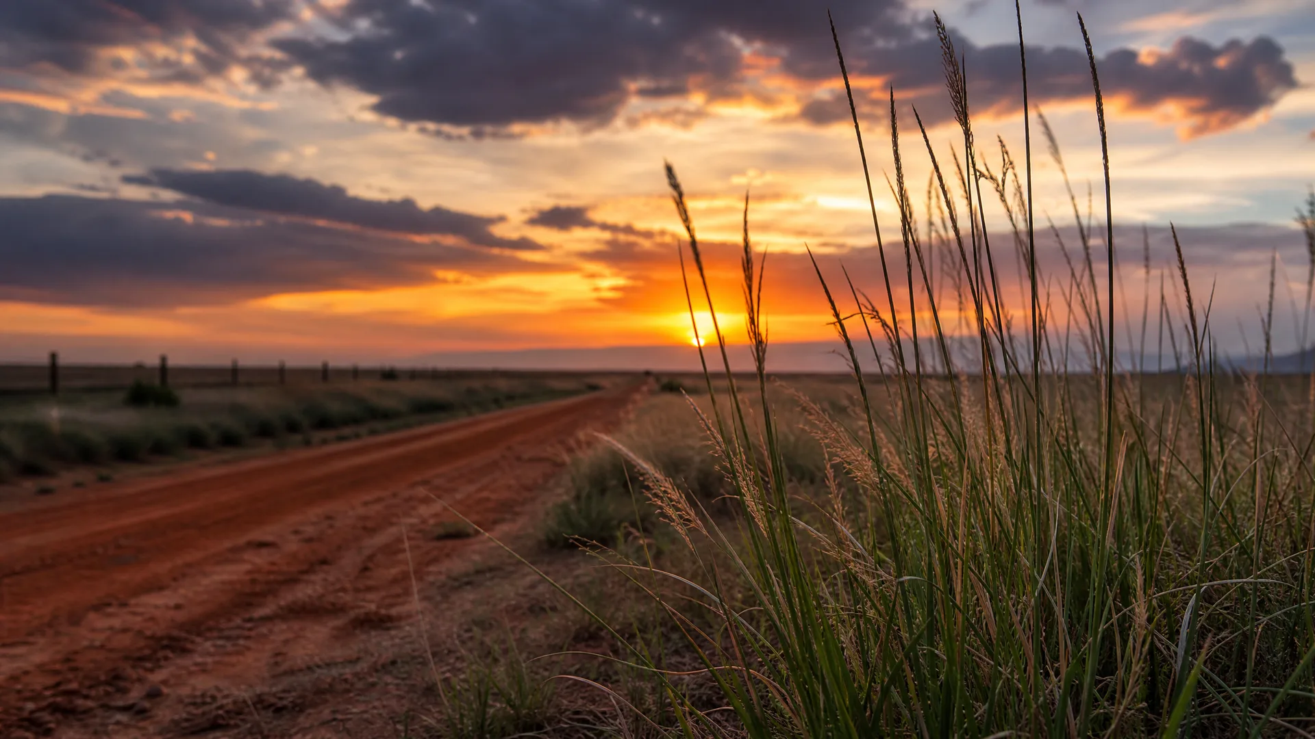 A red dirt road runs through flat grassland toward a low horizon at sunset, with tall grass stalks in the foreground and orange-lit clouds overhead.