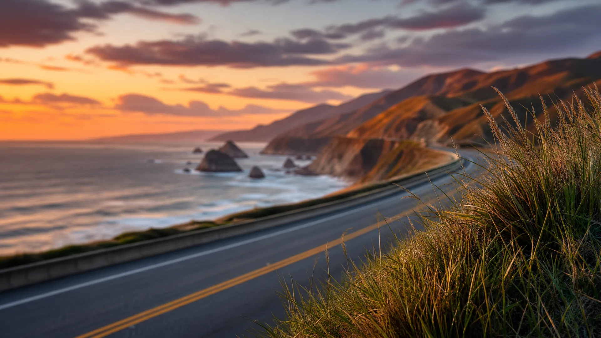 A two-lane coastal road with a double yellow center line curves along grassy hillsides above the ocean, with sea stacks, breaking waves, and ridges under an orange sunset sky.