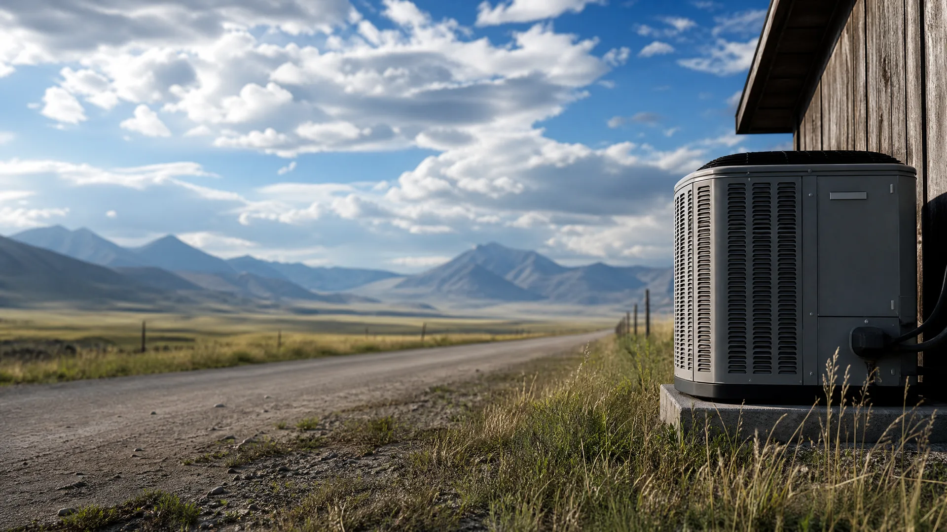 An outdoor air conditioner condenser unit sits on a concrete pad beside a weathered wood-sided building, next to a gravel road crossing grassland with distant mountains and a partly cloudy sky.